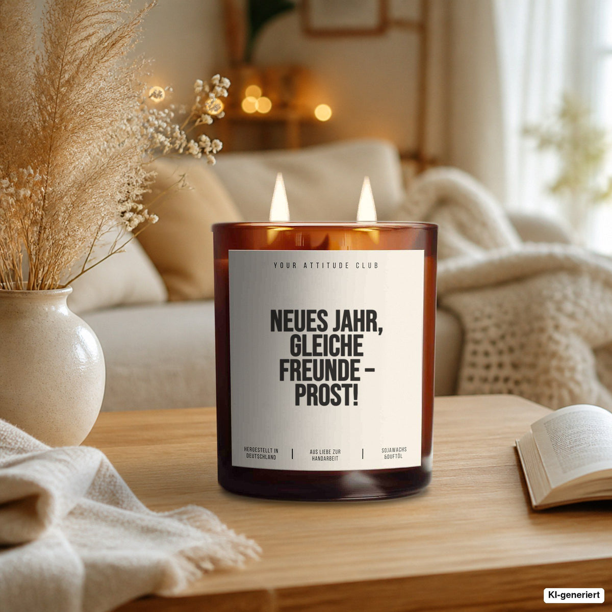 Kerze „Neues Jahr, gleiche Freunde – Prost!“ als Geschenk auf dem Wohnzimmertisch