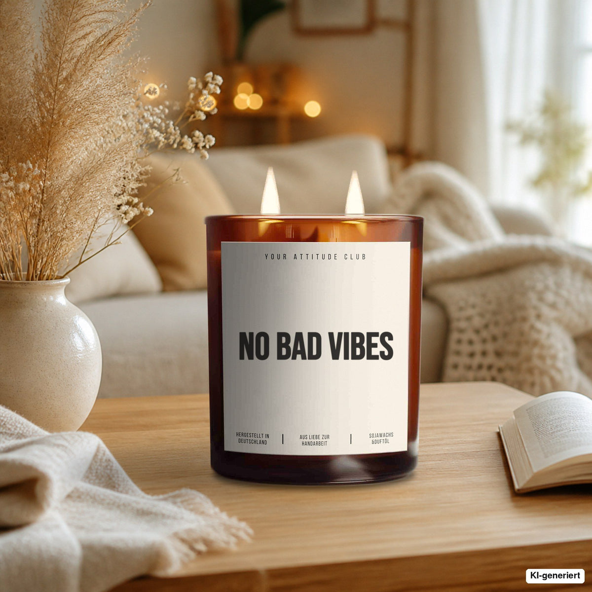 Kerze „No bad vibes“ als Geschenk auf dem Wohnzimmertisch