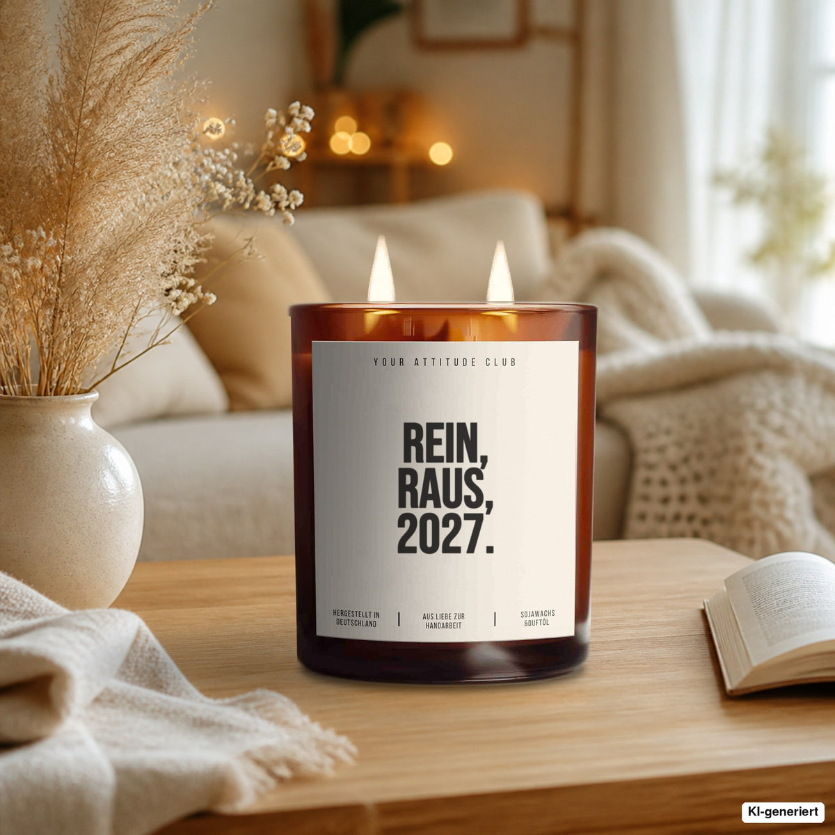 Kerze „Rein, raus, 2027.“ als Silvester-Geschenk auf dem Wohnzimmertisch