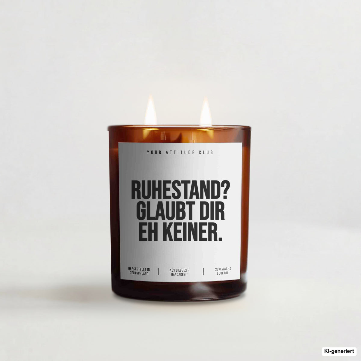 „Ruhestand? Glaubt dir eh keiner.“ – Duftkerze mit Spruch im Bernstein-Becherglas mit 2 Dochten