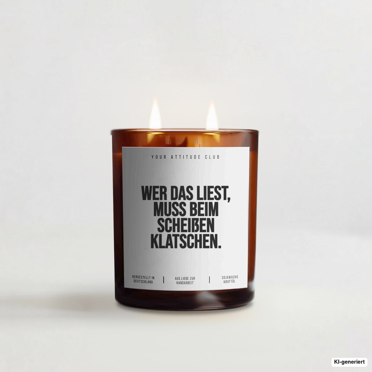 „Wer das liest, muss beim Scheißen klatschen.“ – Duftkerze mit Spruch im Bernstein-Becherglas mit 2 Dochten