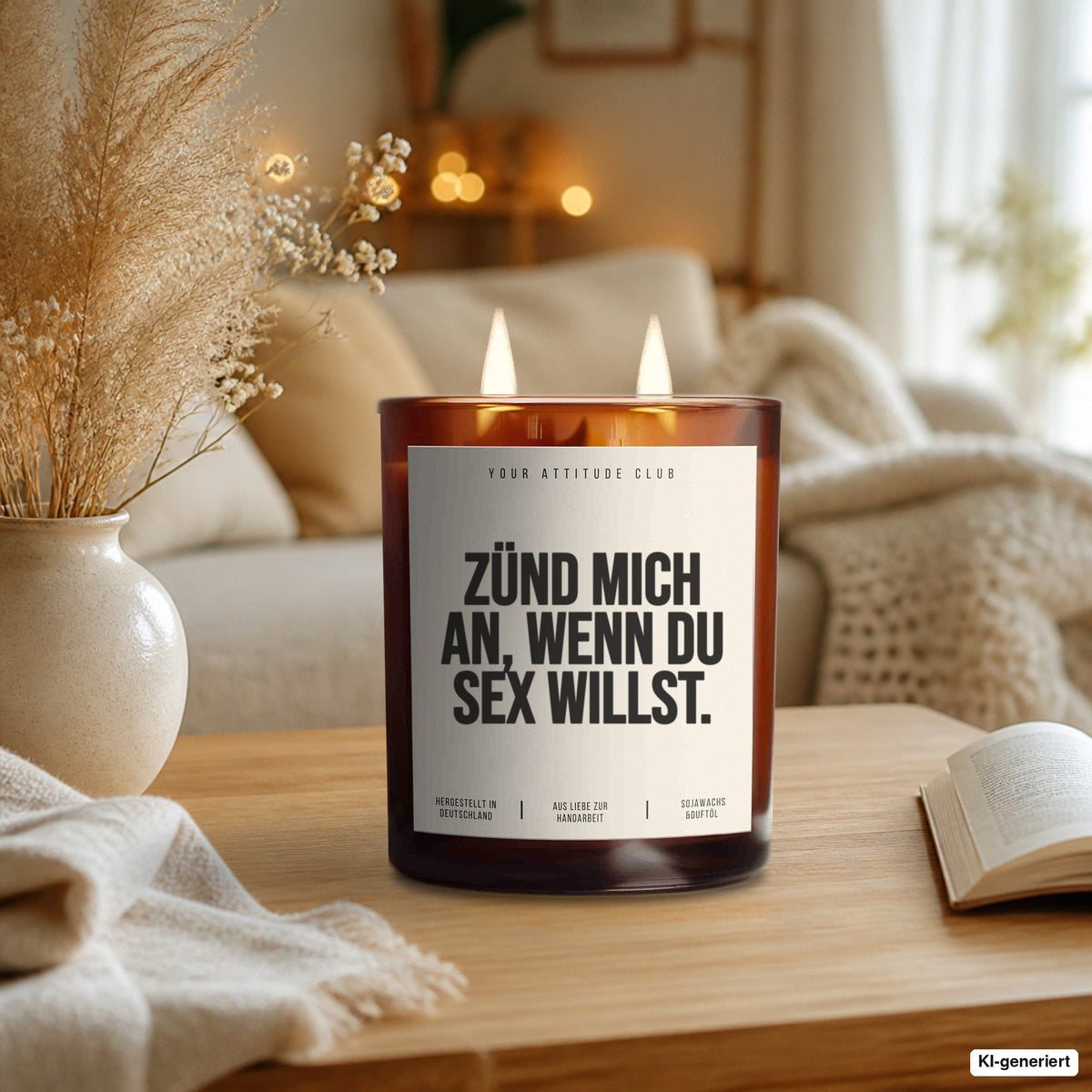 Kerze „Zünd mich an, wenn du Sex willst.“ als Geschenk auf dem Wohnzimmertisch