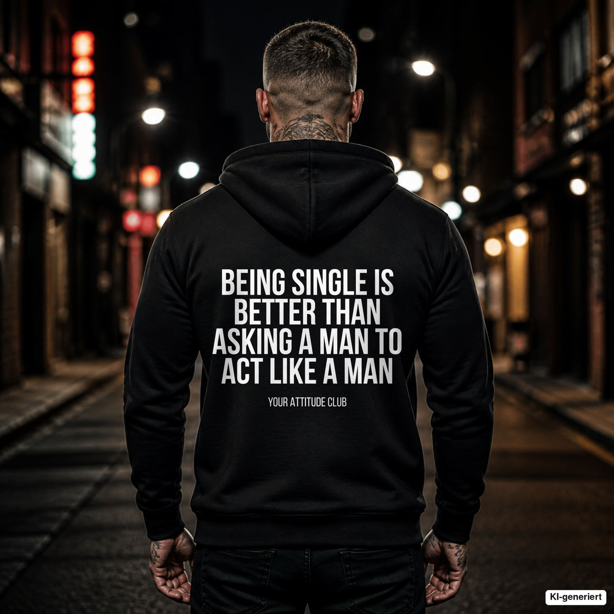 Being single is better than asking a man to act like A man – schwarzer Hoodie mit weißem Backprint, Herren in der Stadt bei Nacht