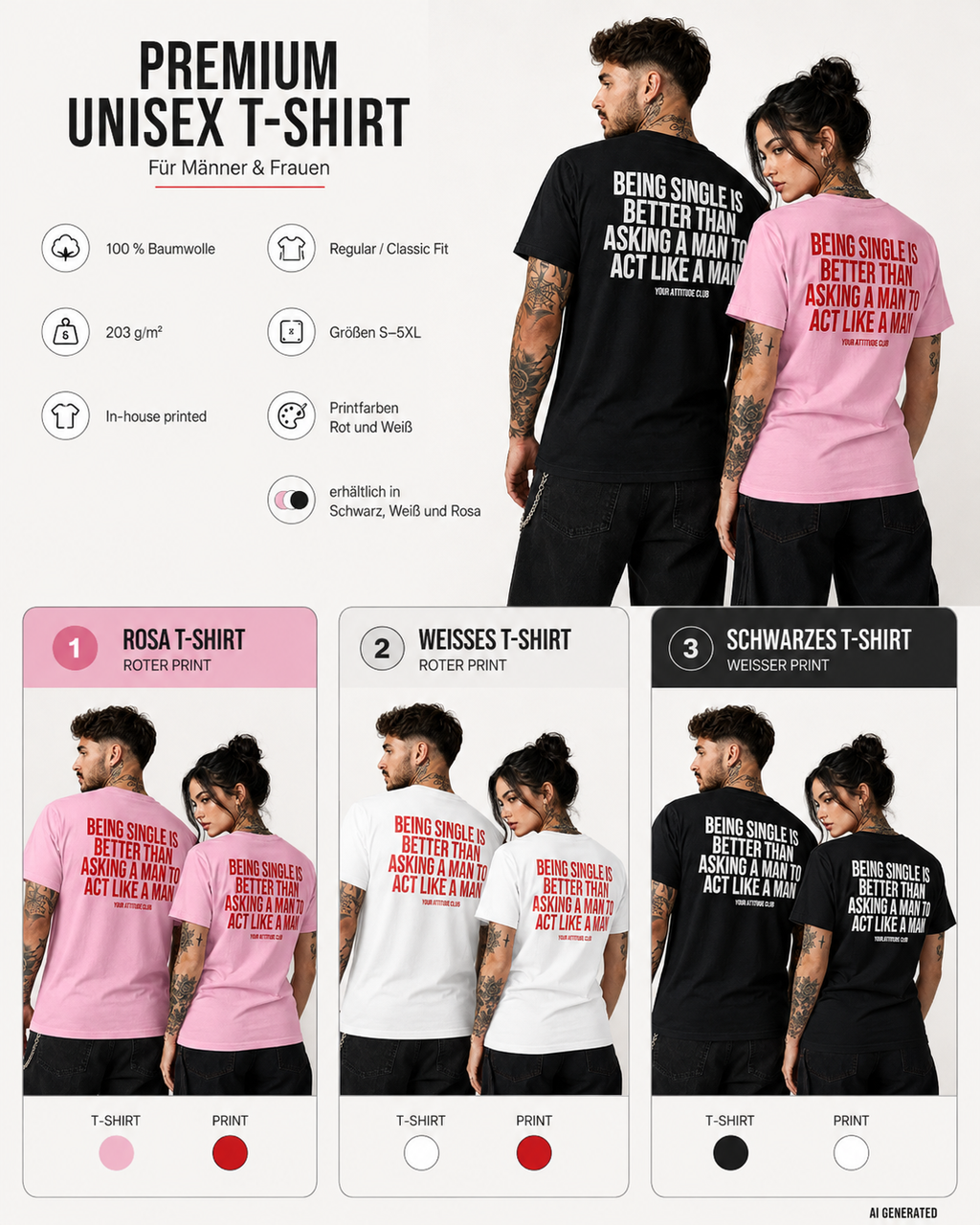 BEING SINGLE IS BETTER THAN ASKING A MAN TO ACT LIKE A MAN – Weißes Unisex T-Shirt mit rotem Backprint | Regular Fit Statement Shirt
