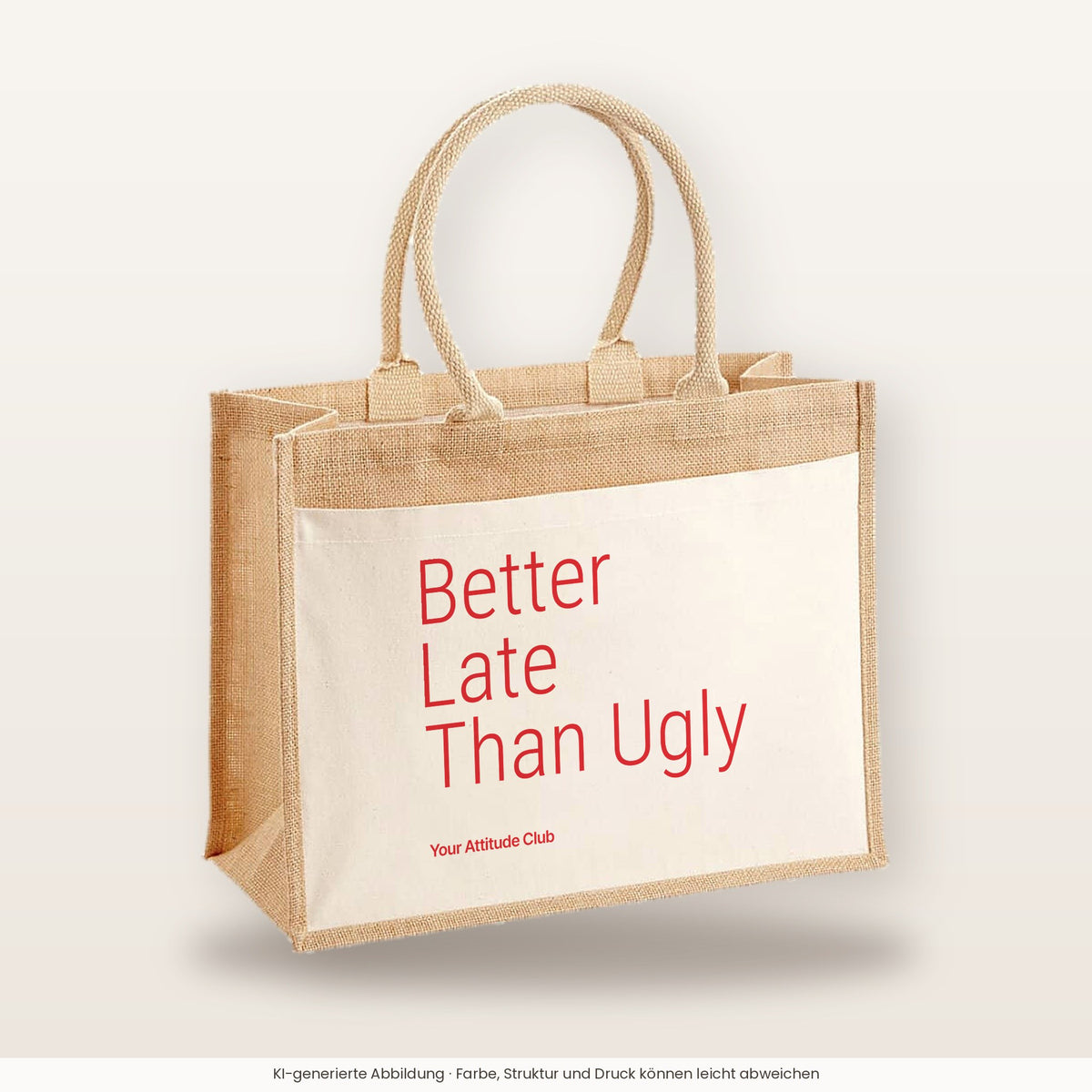 Better Late Than Ugly – Jutetasche mit Spruch, große Jutetasche, Produktansicht