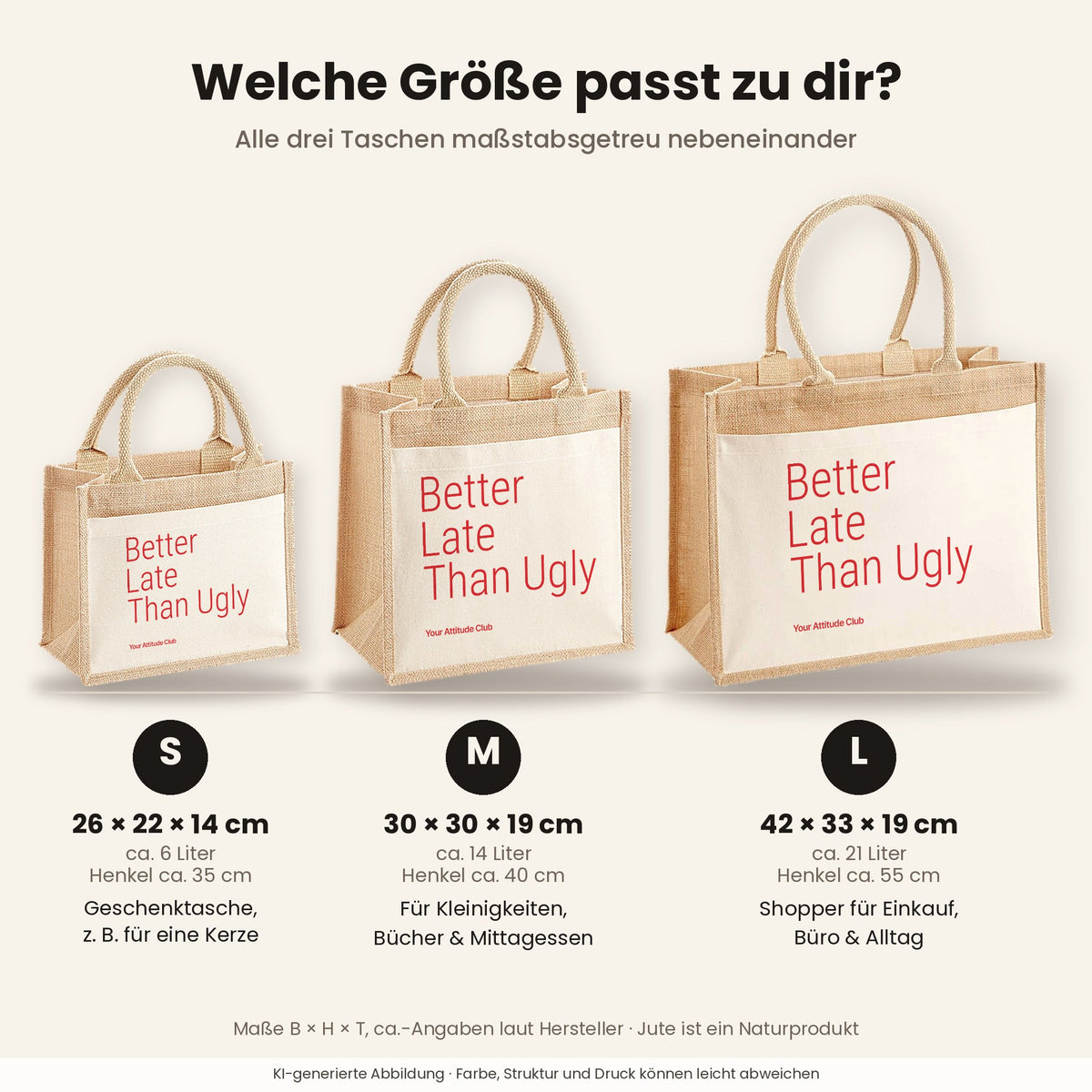 Better Late Than Ugly – Jutetasche mit Spruch, Größenvergleich klein, mittel, groß