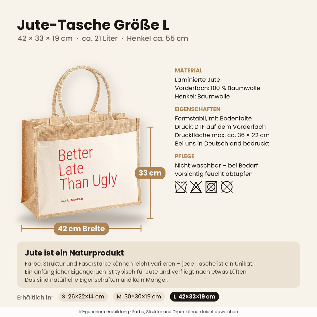 Better Late Than Ugly – Jutetasche mit Spruch, Maße, Material und Pflege