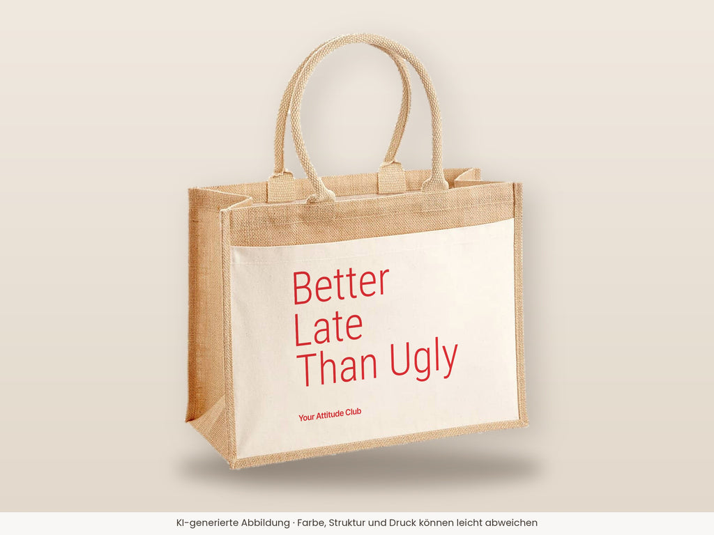 Better Late Than Ugly – Jutetasche mit Spruch, große Jutetasche, Detailansicht