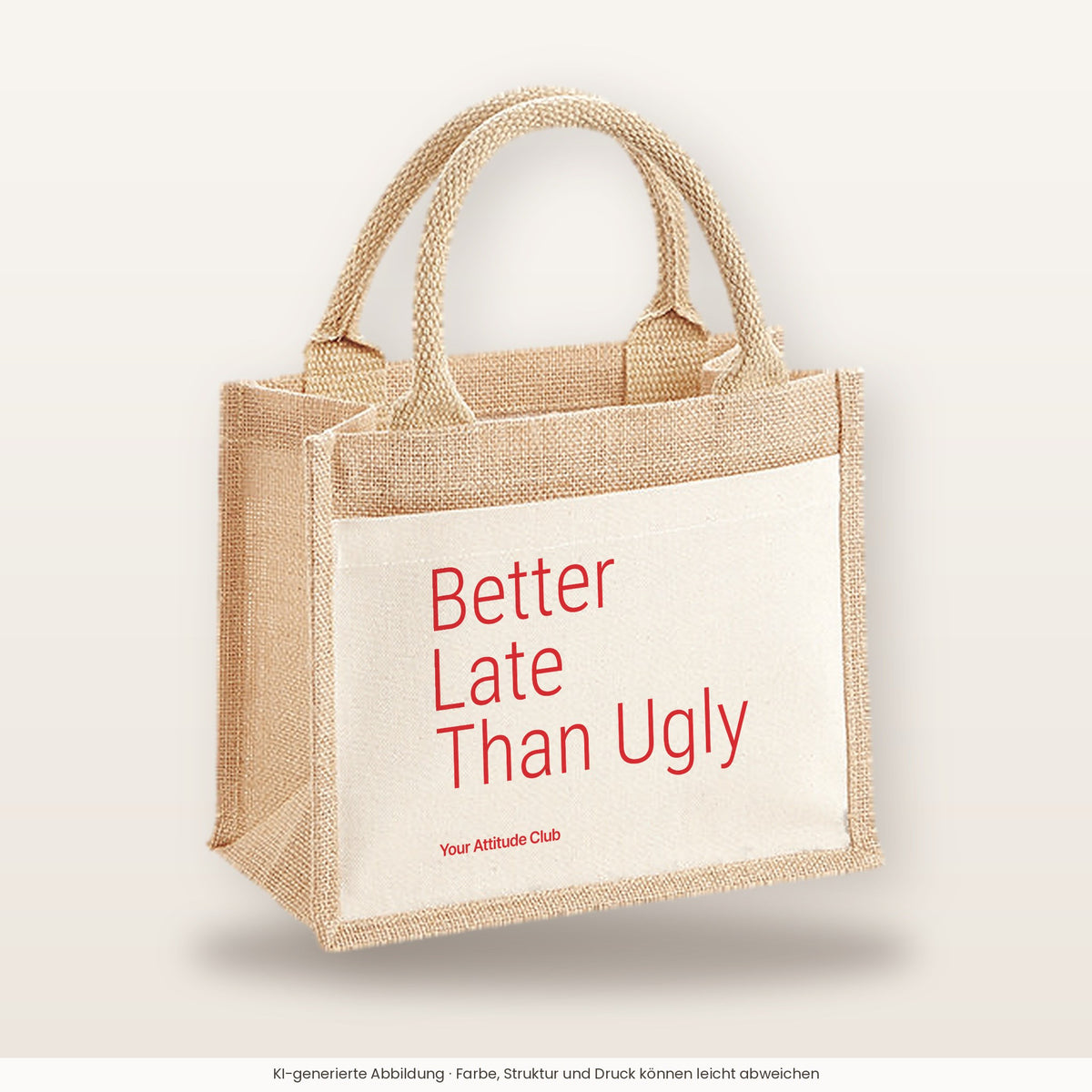 Better Late Than Ugly – Jutetasche mit Spruch, kleine Jutetasche 26 × 22 cm