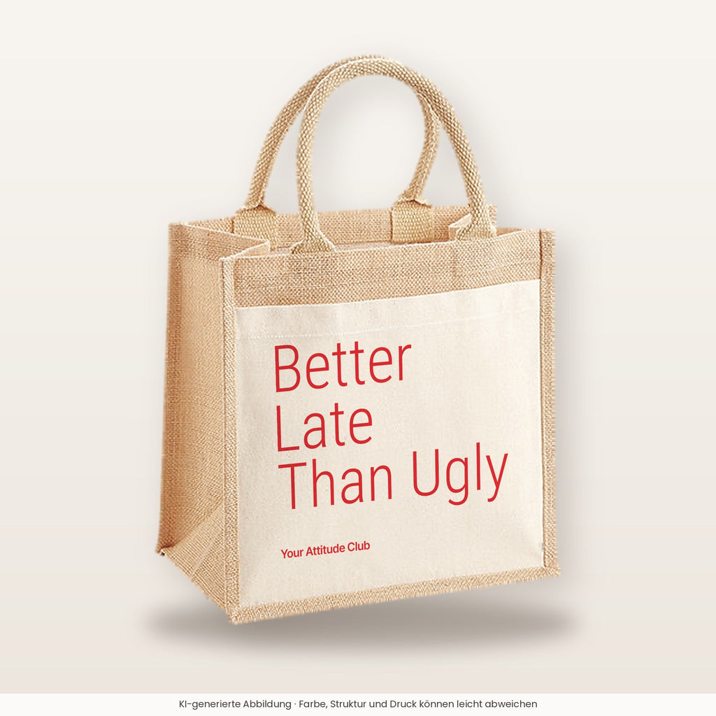 Better Late Than Ugly – Jutetasche mit Spruch, mittlere Jutetasche 30 × 30 cm