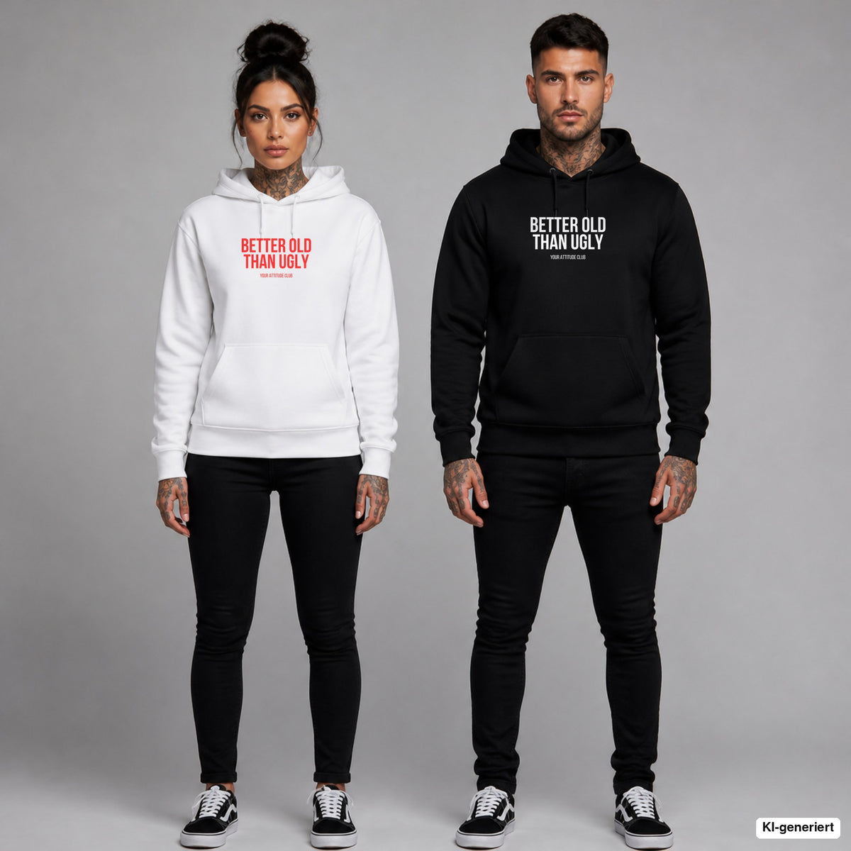 Better old than ugly – Hoodie mit Frontprint, Frau in Weiß mit rotem und Mann in Schwarz mit weißem Aufdruck