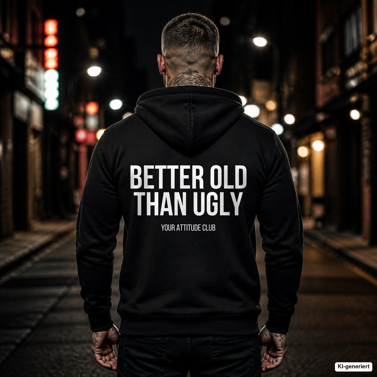 Better old than ugly – schwarzer Hoodie mit weißem Backprint, Herren in der Stadt bei Nacht