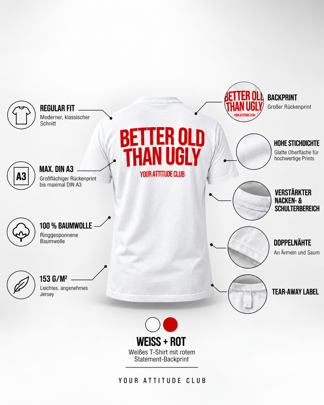 BETTER OLD THAN UGLY – Unisex Statement T-Shirt Weiß mit rotem Backprint | freches Sprüche Shirt