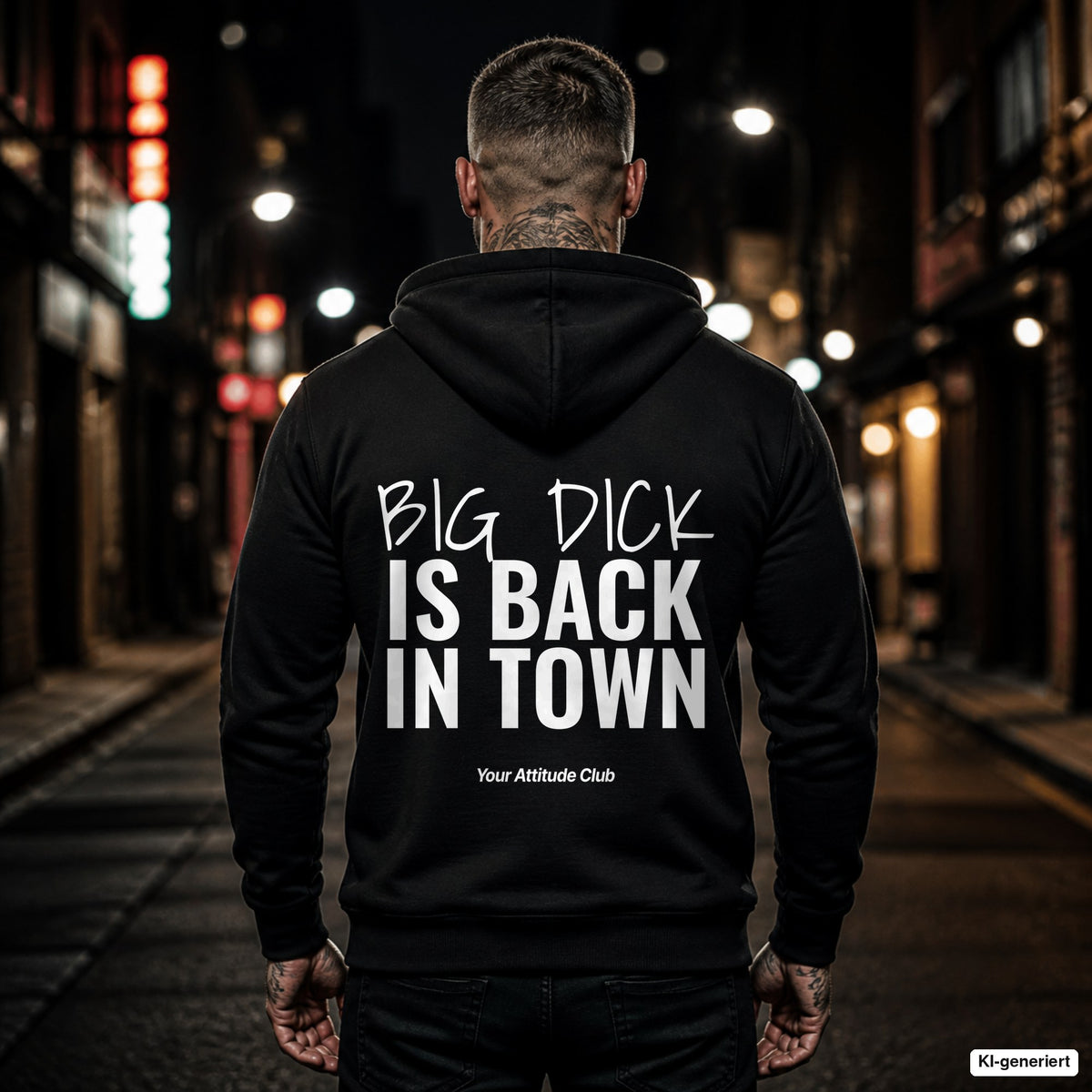 Big Dick is Back in Town – schwarzer Hoodie mit weißem Backprint, Herren in der Stadt bei Nacht
