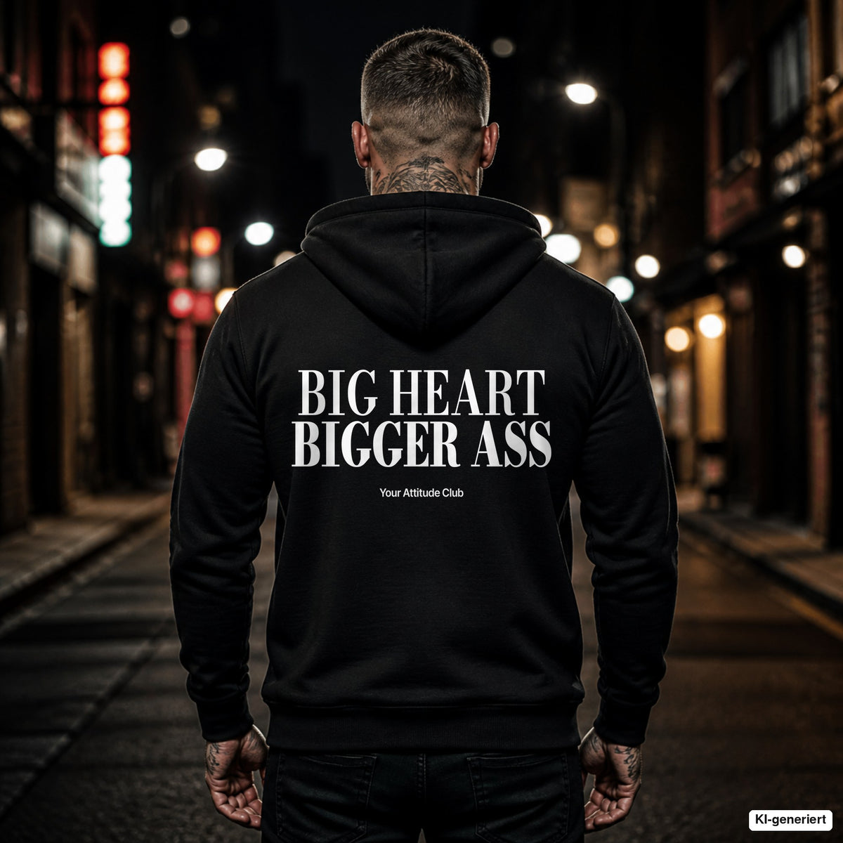 Big Heart Bigger Ass – schwarzer Hoodie mit weißem Backprint, Herren in der Stadt bei Nacht