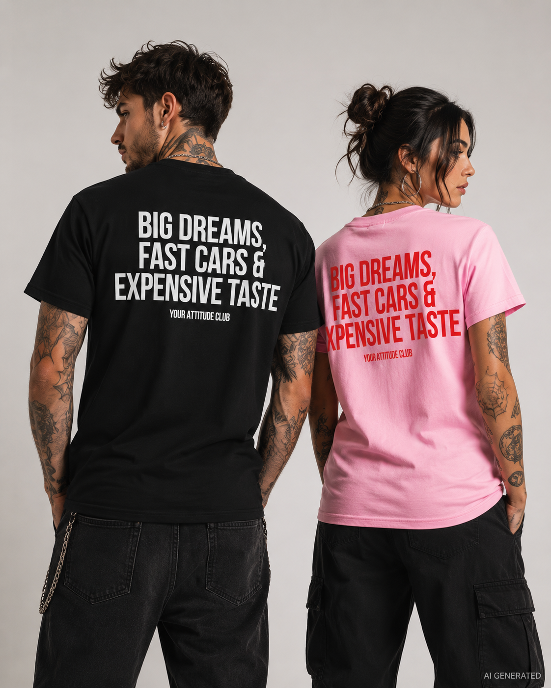 Weißes Unisex Regular Fit T-Shirt mit rotem BIG DREAMS, FAST CARS & EXPENSIVE TASTE Backprint. 100 % Baumwolle, 203 g/m², Größen S–5XL.