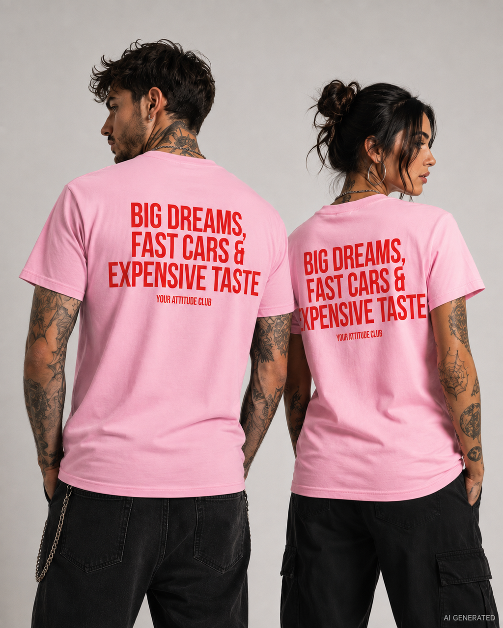 Weißes Unisex Regular Fit T-Shirt mit rotem BIG DREAMS, FAST CARS & EXPENSIVE TASTE Backprint. 100 % Baumwolle, 203 g/m², Größen S–5XL.