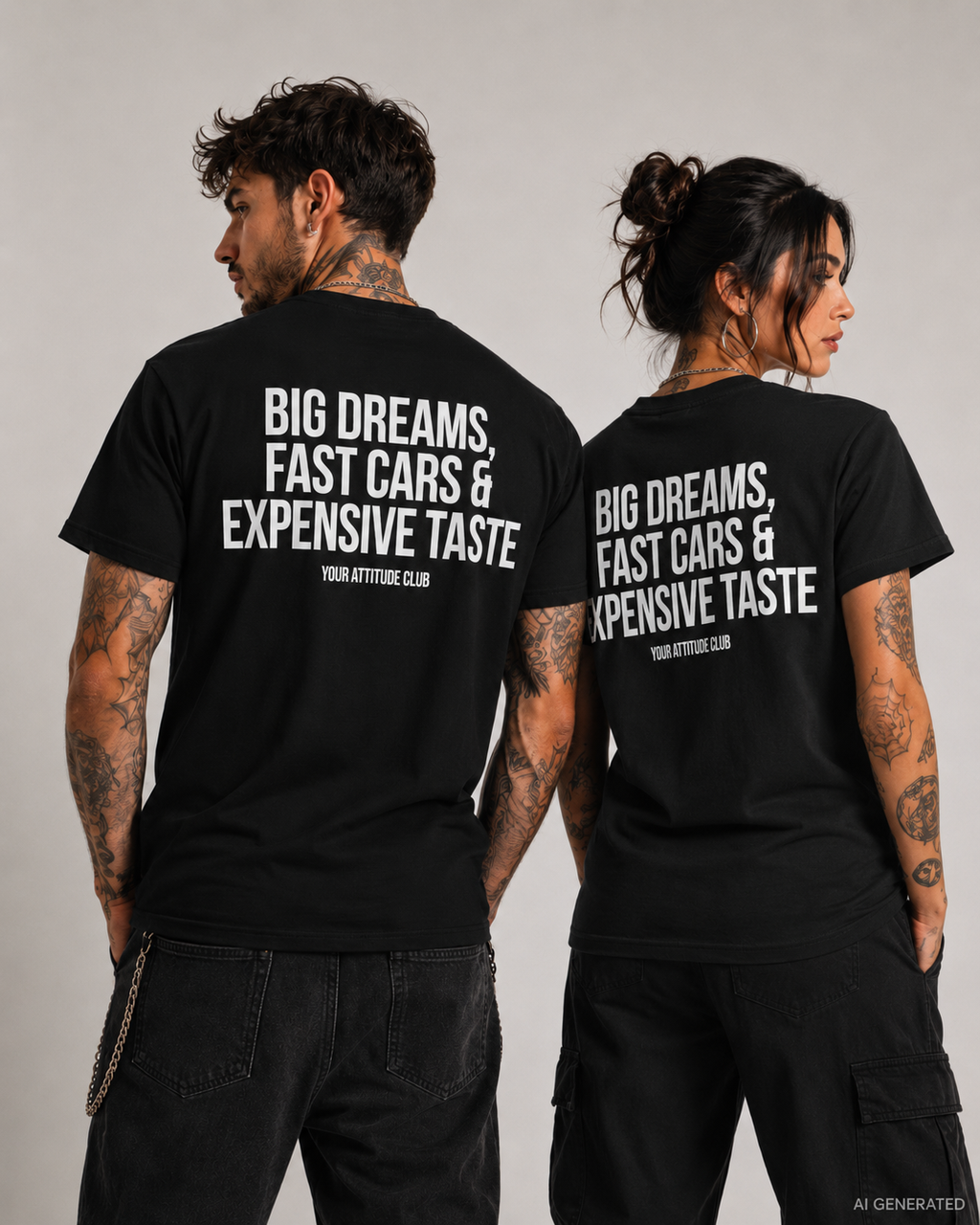 Weißes Unisex Regular Fit T-Shirt mit rotem BIG DREAMS, FAST CARS & EXPENSIVE TASTE Backprint. 100 % Baumwolle, 203 g/m², Größen S–5XL.