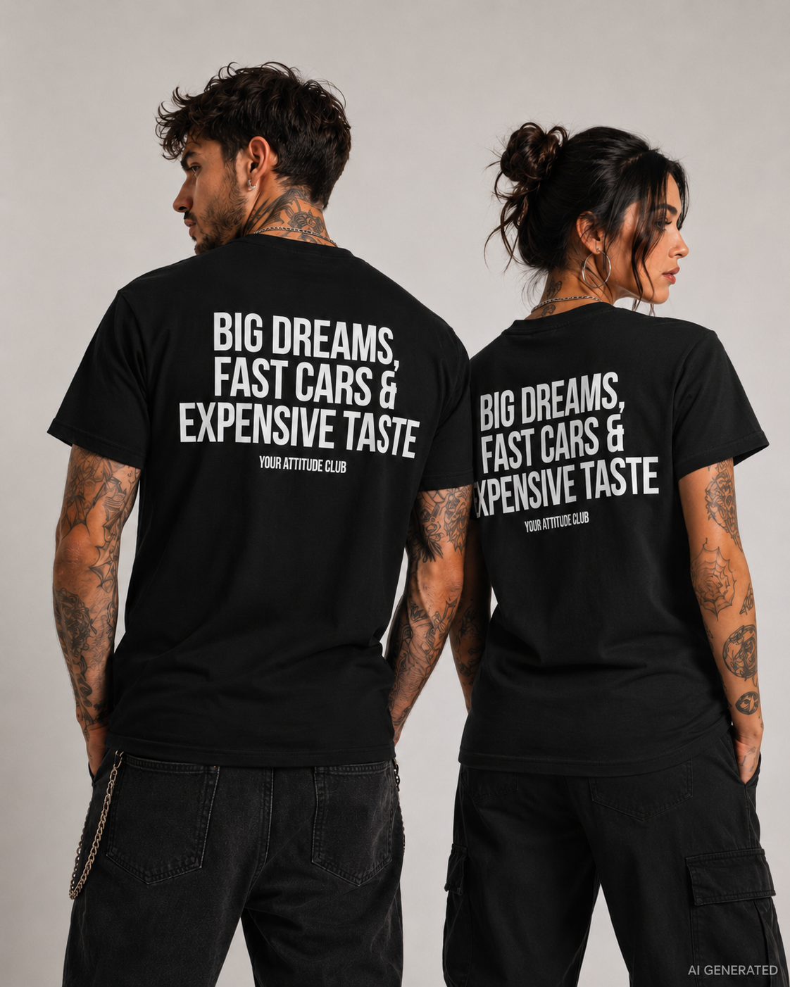 Weißes Unisex Regular Fit T-Shirt mit rotem BIG DREAMS, FAST CARS & EXPENSIVE TASTE Backprint. 100 % Baumwolle, 203 g/m², Größen S–5XL.