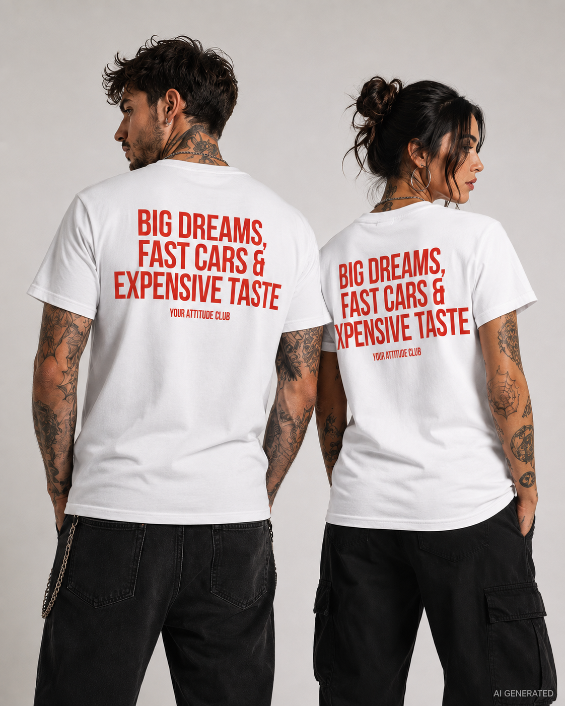 BIG DREAMS, FAST CARS & EXPENSIVE TASTE – Weißes Unisex T-Shirt mit rotem Backprint | Regular Fit Luxury Lifestyle Statement Shirt