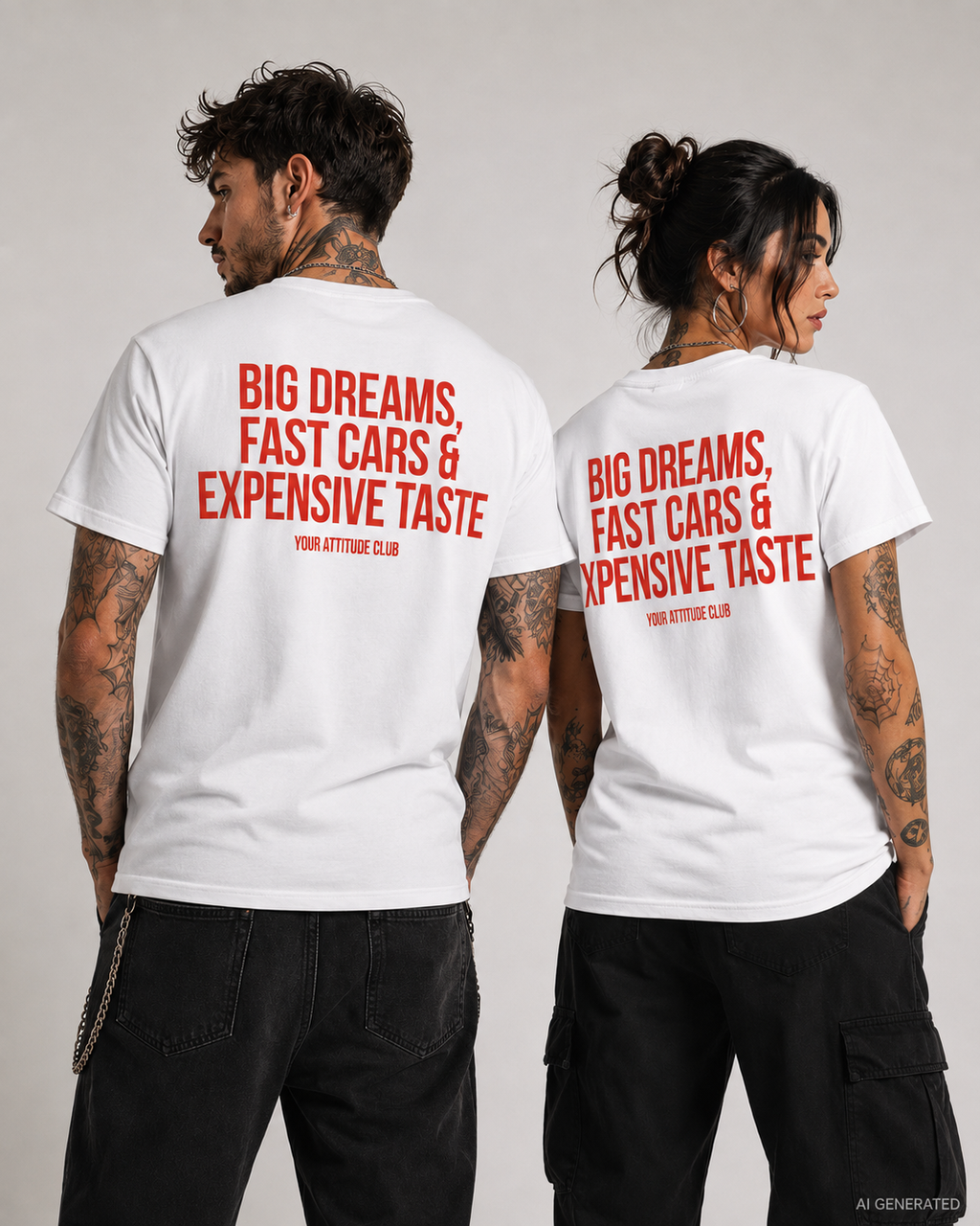 Weißes Unisex Regular Fit T-Shirt mit rotem BIG DREAMS, FAST CARS & EXPENSIVE TASTE Backprint. 100 % Baumwolle, 203 g/m², Größen S–5XL.