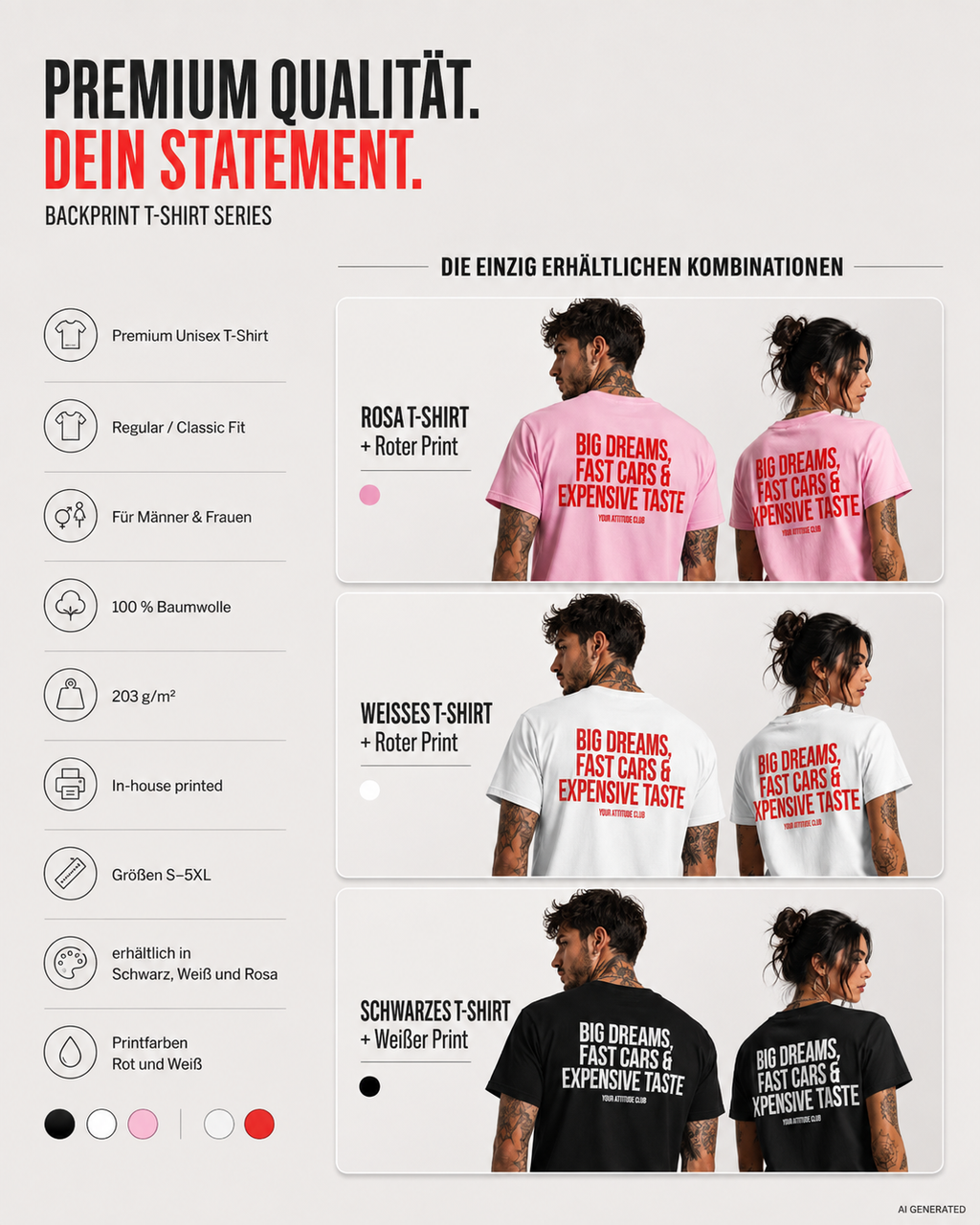 Weißes Unisex Regular Fit T-Shirt mit rotem BIG DREAMS, FAST CARS & EXPENSIVE TASTE Backprint. 100 % Baumwolle, 203 g/m², Größen S–5XL.