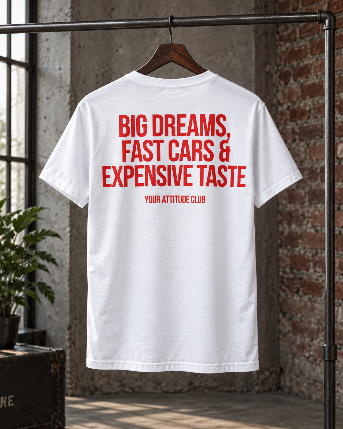 BIG DREAMS, FAST CARS & EXPENSIVE TASTE – Unisex Statement T-Shirt Weiß mit rotem Backprint | Lifestyle Sprüche Shirt