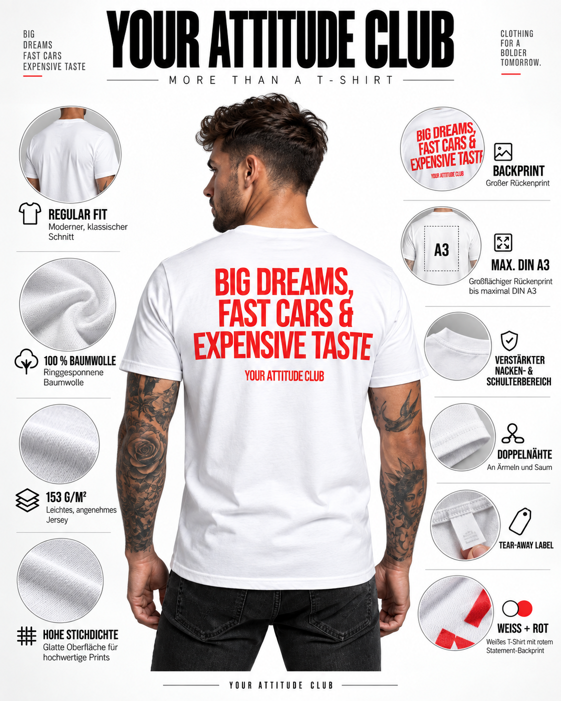 BIG DREAMS, FAST CARS & EXPENSIVE TASTE – Unisex Statement T-Shirt Weiß mit rotem Backprint | Lifestyle Sprüche Shirt