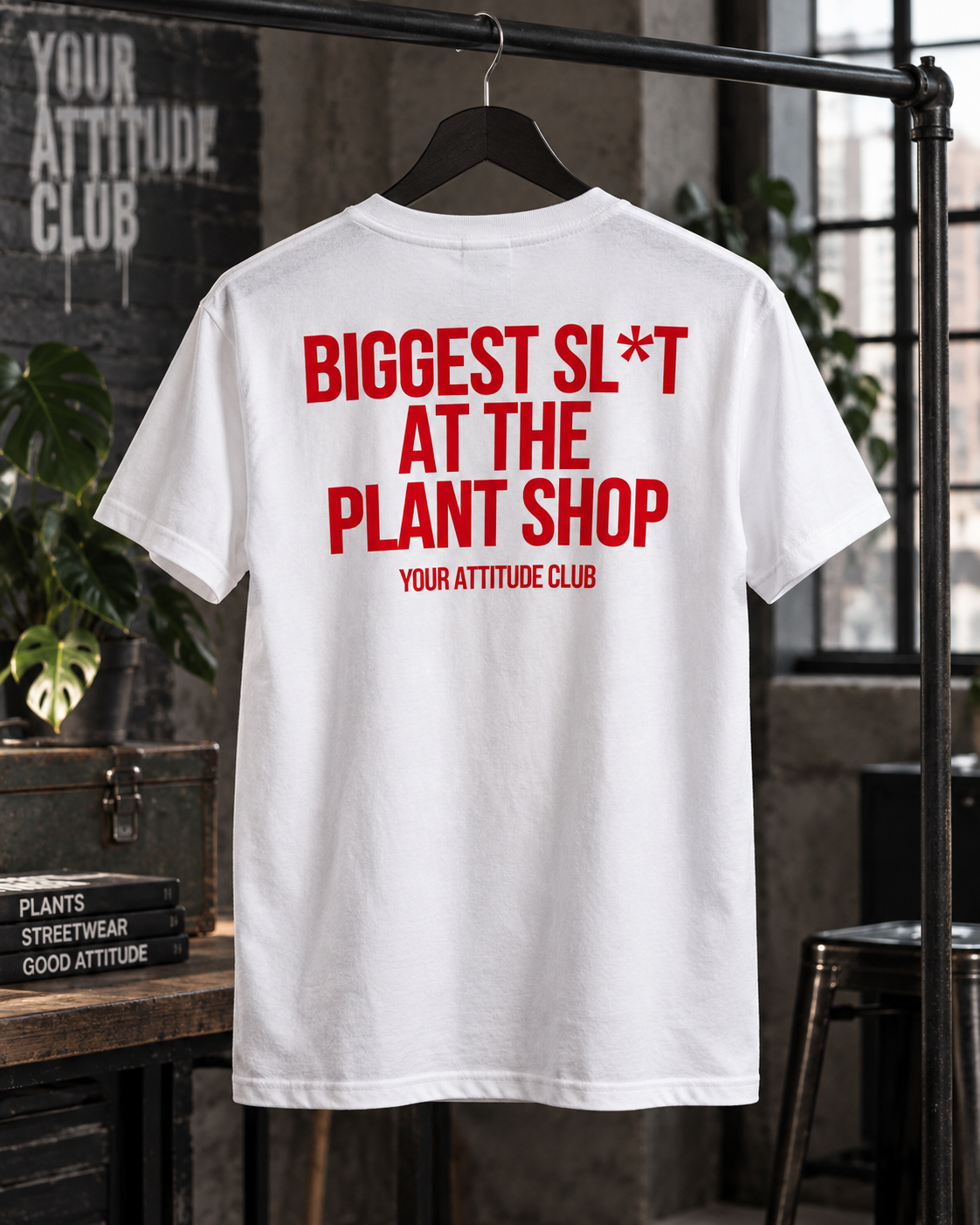 BIGGEST SL*T AT THE PLANT SHOP – Unisex Statement T-Shirt Weiß mit rotem Backprint | freches Pflanzen Sprüche Shirt