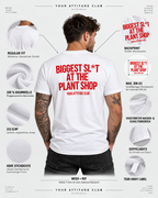 BIGGEST SL*T AT THE PLANT SHOP – Unisex Statement T-Shirt Weiß mit rotem Backprint | freches Pflanzen Sprüche Shirt
