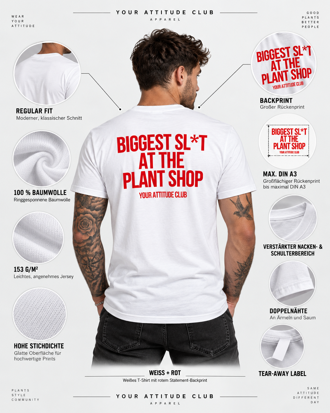 BIGGEST SL*T AT THE PLANT SHOP – Unisex Statement T-Shirt Weiß mit rotem Backprint | freches Pflanzen Sprüche Shirt
