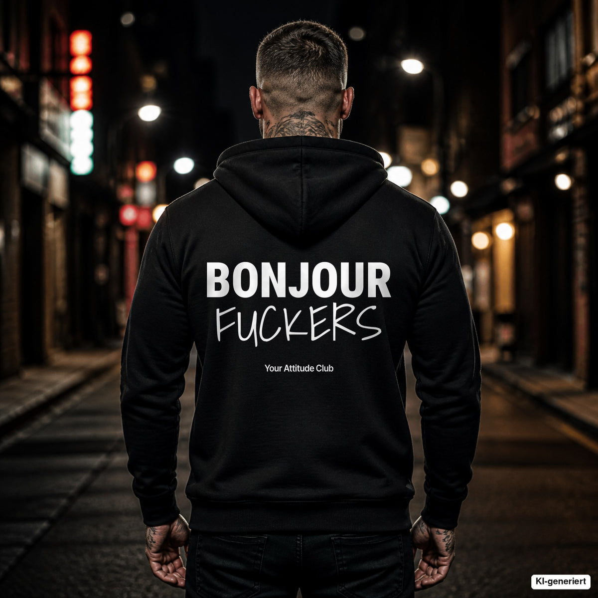 Bonjour Fuckers – schwarzer Hoodie mit weißem Backprint, Herren in der Stadt bei Nacht