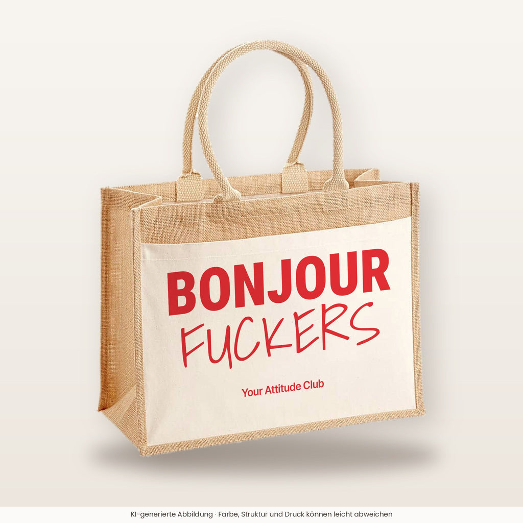 Bonjour Fuckers – Jutetasche mit Spruch, große Jutetasche, Produktansicht