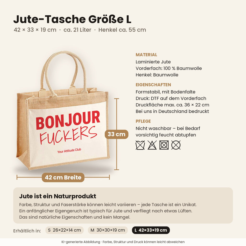 Bonjour Fuckers – Jutetasche mit Spruch, Maße, Material und Pflege