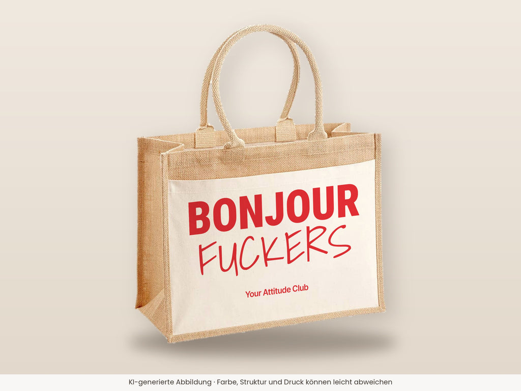 Bonjour Fuckers – Jutetasche mit Spruch, große Jutetasche, Detailansicht