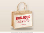 Bonjour Fuckers – Jutetasche mit Spruch, große Jutetasche, Detailansicht