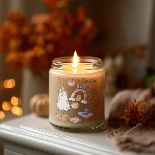 BOO! Kerze – Halloween Kerze Sojawachs vegan, Herbst Duftkerze süßes Motiv, Spooky Candle Geschenkidee Frauen, Cozy Herbstdeko Wohnzimmer