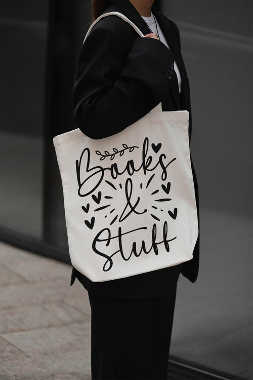Books & Stuff Cotton Bag Tote Bag Fabric Bag Beige Book Bag Jute Bag Gift for Readers Book Lovers Sustainable