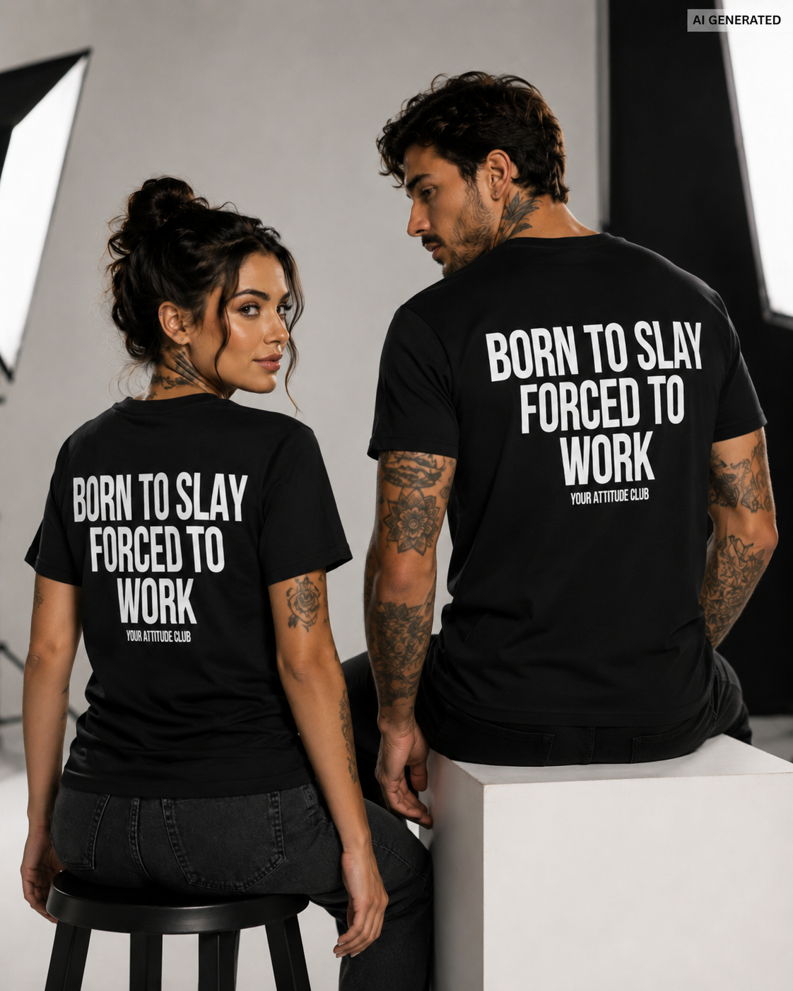 BORN TO SLAY FORCED TO WORK – Rosa Unisex T-Shirt mit rotem Backprint | Regular Fit Funny Work Shirt | Sassy Office Humor Statement