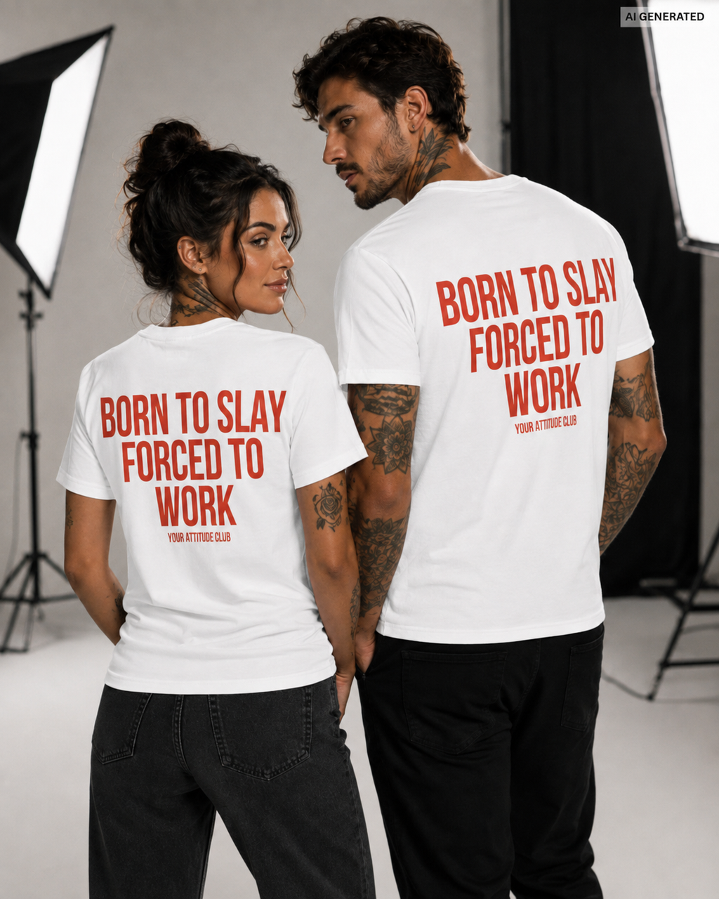 BORN TO SLAY FORCED TO WORK – Rosa Unisex T-Shirt mit rotem Backprint | Regular Fit Funny Work Shirt | Sassy Office Humor Statement