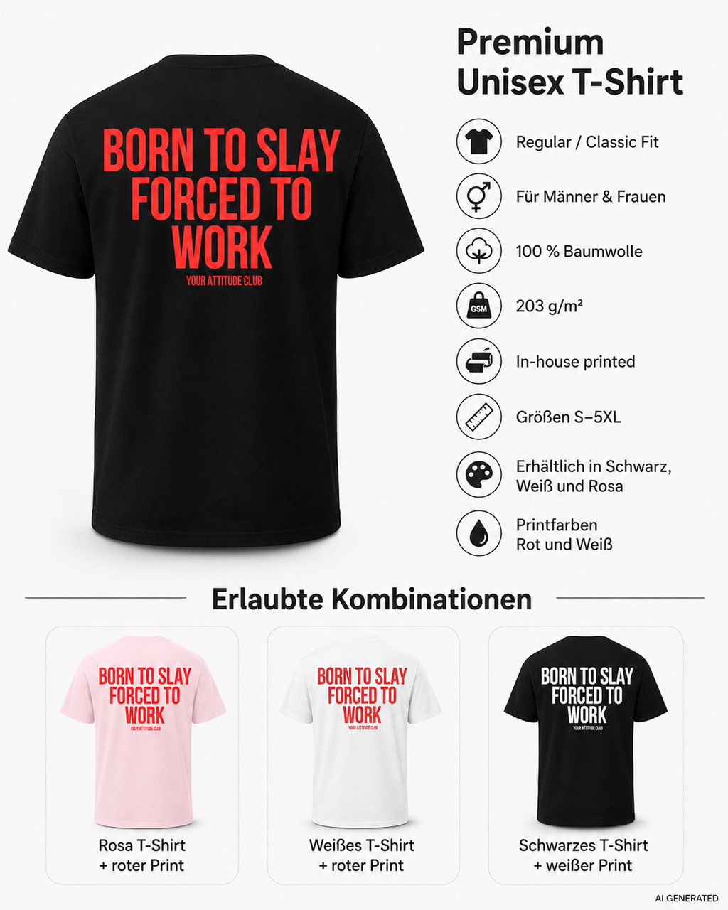 BORN TO SLAY FORCED TO WORK – Rosa Unisex T-Shirt mit rotem Backprint | Regular Fit Funny Work Shirt | Sassy Office Humor Statement