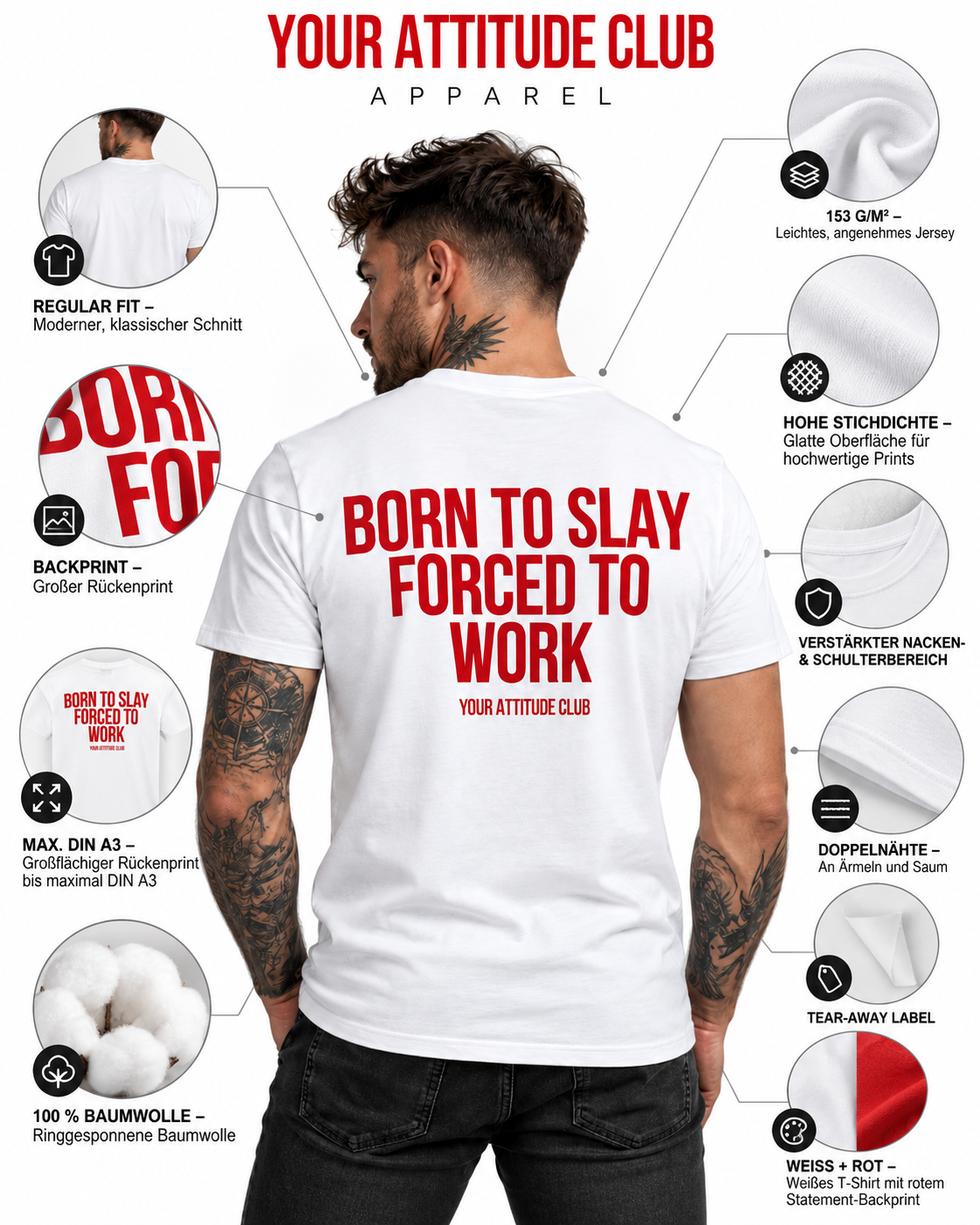 BORN TO SLAY FORCED TO WORK – Unisex Statement T-Shirt Weiß mit rotem Backprint | freches Büro Sprüche Shirt