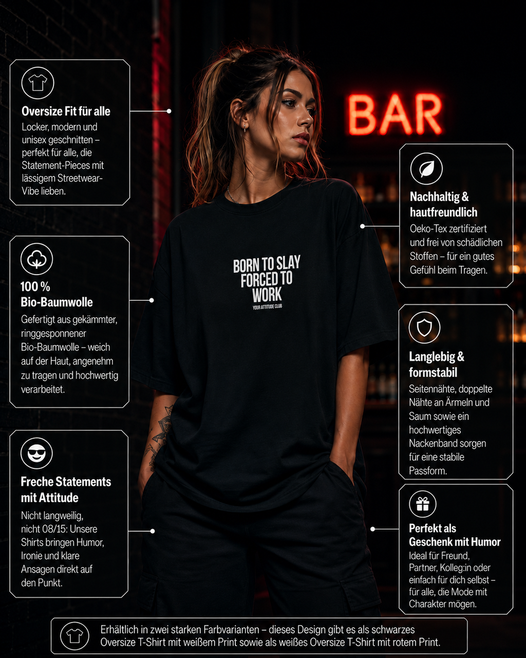 BORN TO SLAY FORCED TO WORK | Oversize Shirt Unisex mit Frontprint, Statement Shirt aus Bio-Baumwolle