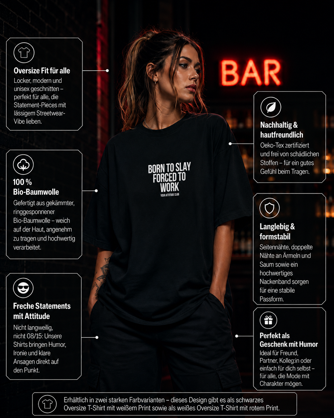 BORN TO SLAY FORCED TO WORK | Oversize Shirt Unisex mit Frontprint, Statement Shirt aus Bio-Baumwolle