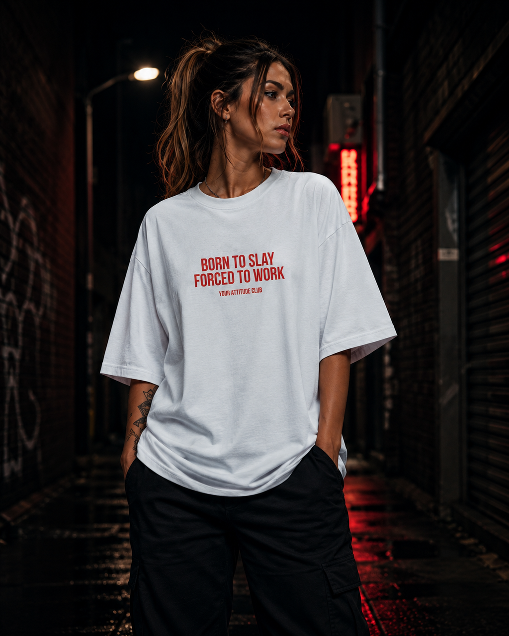 BORN TO SLAY FORCED TO WORK | Oversize Shirt Unisex mit Frontprint, Statement Shirt aus Bio-Baumwolle