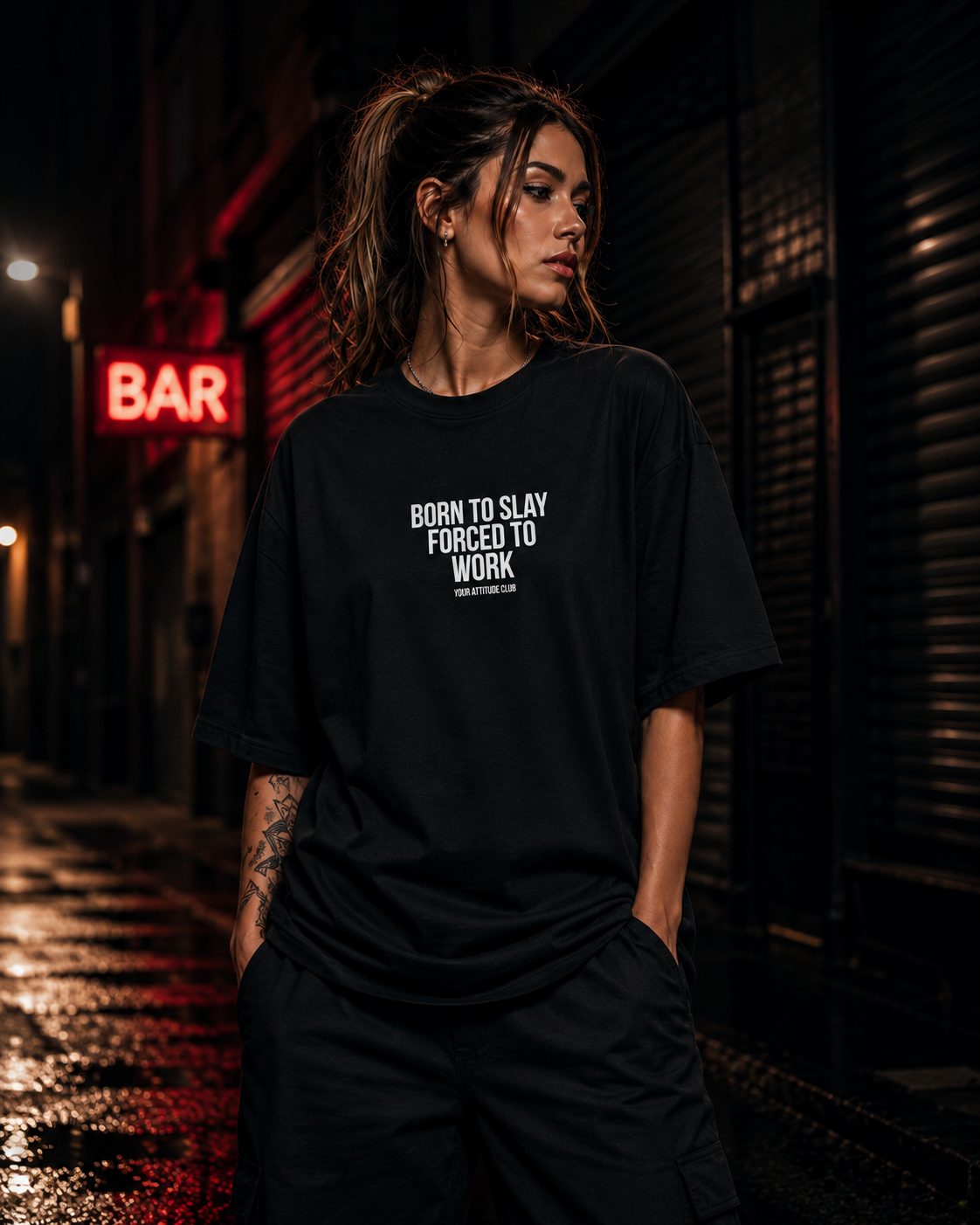 BORN TO SLAY FORCED TO WORK | Oversize Shirt Unisex mit Frontprint, Statement Shirt aus Bio-Baumwolle