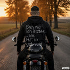 Brav war ich letztes Jahr. Hat nix gebracht – schwarzer Hoodie mit weißem Backprint, Herren auf dem Motorrad