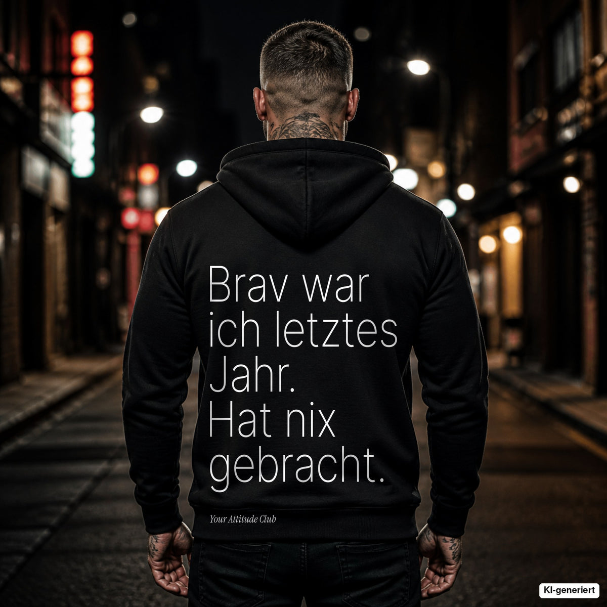 Brav war ich letztes Jahr. Hat nix gebracht – schwarzer Hoodie mit weißem Backprint, Herren in der Stadt bei Nacht