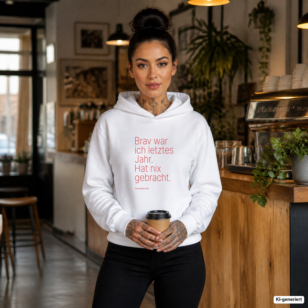 Brav war ich letztes Jahr. Hat nix gebracht – weißer Hoodie mit rotem Frontprint, Damen im Café