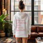 Brav war ich letztes Jahr. Hat nix gebracht – weißer Hoodie mit rotem Backprint, Damen im Loft